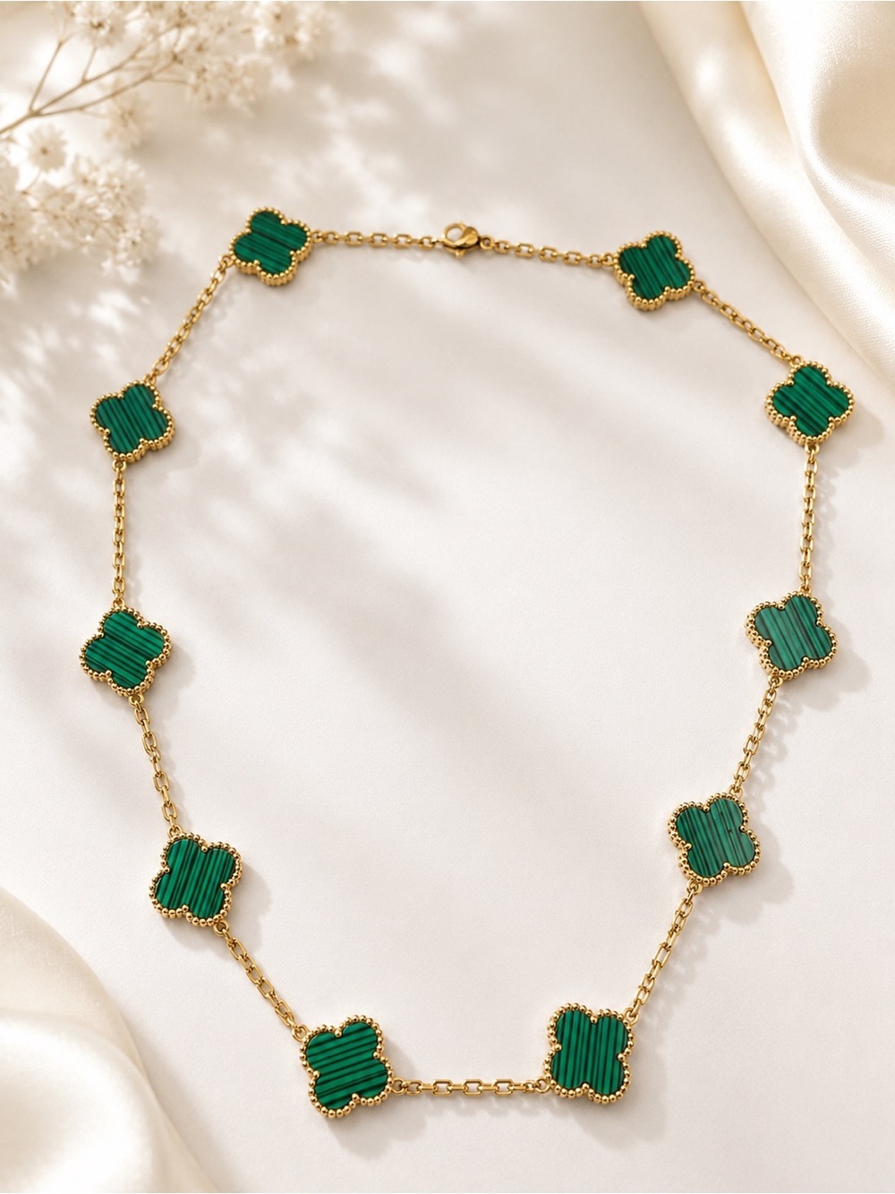 Green Clover 10-Station Necklace | Gold-Tone | Malachite-Inspired